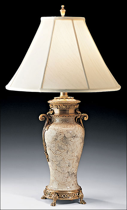 Crackled eggshell finished vase lamp with antiqued brass trip and lampshade