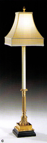 Antiqued brass lamp with black base and square lampshade