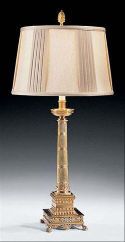 Antiqued brass lamp with square base and round lampshade