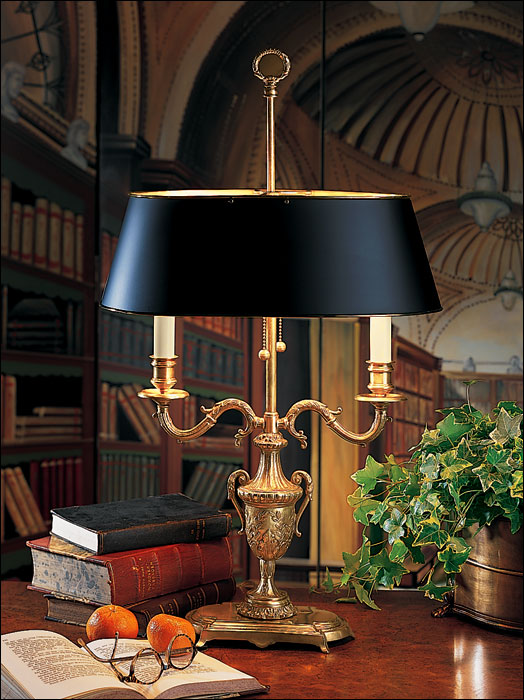 Two light antiqued brass urn lamp with oval lampshade