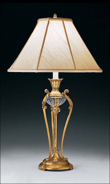 One light antiqued brass lamp with hand blown crystal and round lampshade