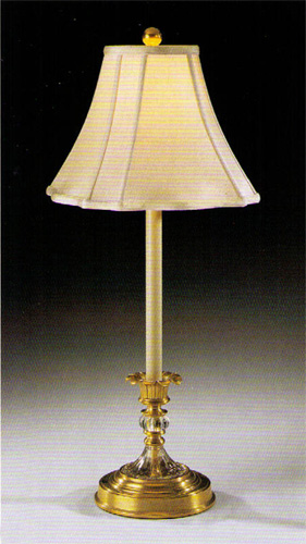 Antiqued brass lamp with crystal cut accent and lampshade