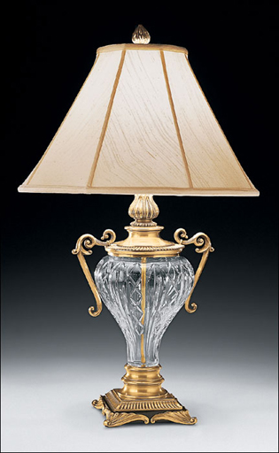 Antiqued brass and cut crystal lamp with round lampshade