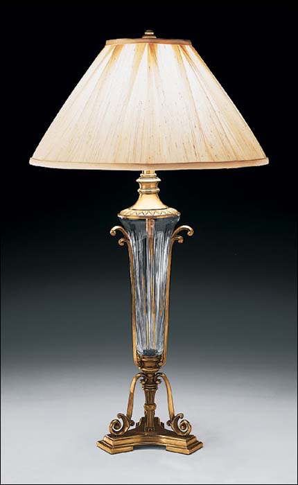 One Light antiqued brass and hand blow cut crystal lamp with lampshade