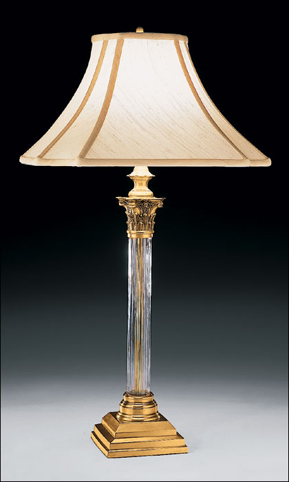 One Light antiqued brass and hand blown cut crystal column with lampshade