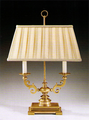 Antiqued brass two light lamp with rectangular lampshade