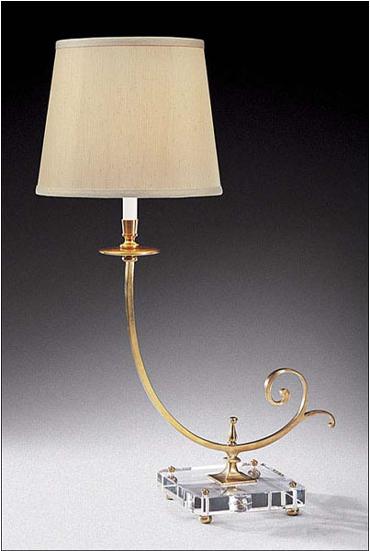 Antiqued brass table lamp with solid crystal base and round lampshade