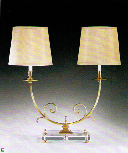 Two light antiqued brass lamp with solid crystal base and round lampshades