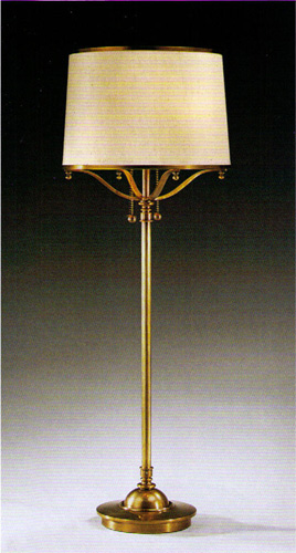 Antiqued brass table lamp with two lights with roudn lampshades
