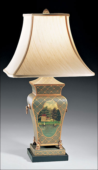 Tole table lamp with hand painted scene and square lampshade