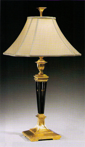 Antiqued brass table lamp with bronze trim and square lampshade